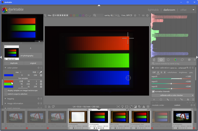 Darktable opened to darkroom view, showing a photo of RGB color bars in the center, the "color picker" module with saved points at the left, the color graph in "RGB parade" vertical mode at the top right, and color calibration at the bottom right.